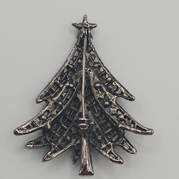 VTG Christmas Brooch 2PC Set Dark Silver Tone Red Green Tree Wreath Holiday Joy - Picture 13 of 16